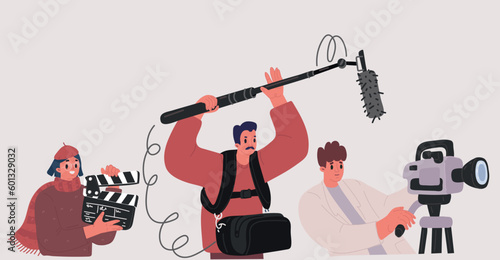 Vector illustration of Filmmaking club. Camera operator, clapperboard, become film director, sound engineer, sound record. Movie school elective activity, filmmaking student club