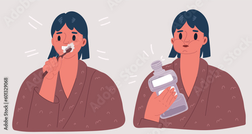 Vector illustration of Healthy happy woman using mouthwash. During daily oral hygiene routine. Dental Health Concept
