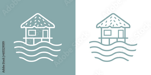 Logo casa de la playa. Apartamento de resort para vacaciones de verano. Silueta de casa de madera lineal con olas de mar