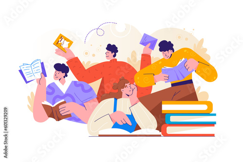 Bookcrossing concept. Happy people exchanging, borrowing vector