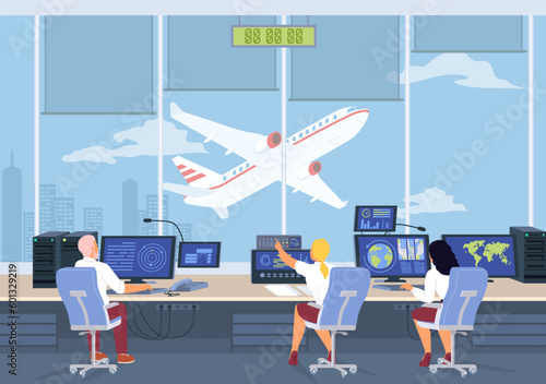 Airport control room cartoon flat vector illustration