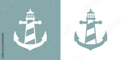 Logo Nautical. Icono de torre marítima en puerto. Faro de luz con forma de ancla de barco