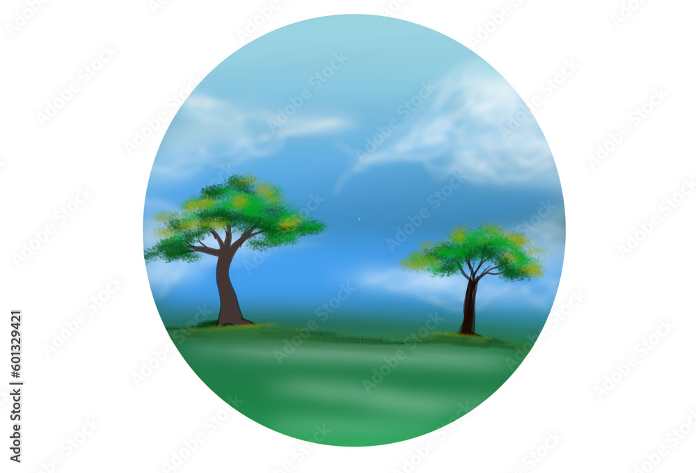 Fototapeta premium the natural scenery of cloudy blue sky trees in a circle, with an empty background