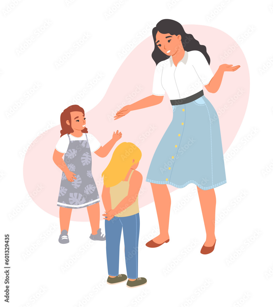 Woman teacher talking to kids after quarrel vector illustration Woman teacher talking to kids after quarrel vector illustration