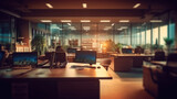 Blurred office workspace in the evening , interior workplace with cityscape for business presentation background, Generative AI