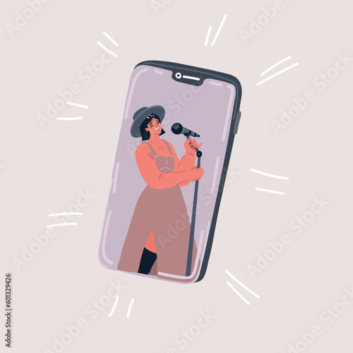 Vector illustration of Singing girl in smartphone,young woman vocalis with a microphone.Music and video on mobile device,listening to clips and tunes online