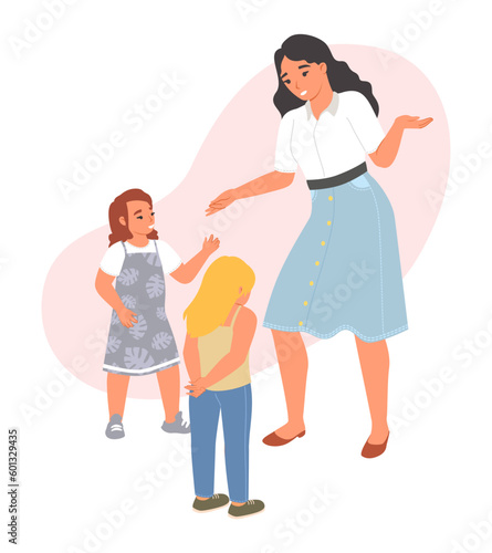 Woman teacher talking to kids after quarrel vector illustration