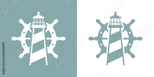 Logo Nautical. Icono de torre marítima en puerto. Faro de luz con timón de barco