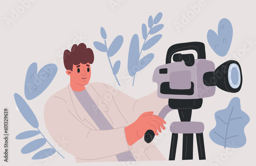 Vector illustration of Television video operator looking through camcorder on tripod