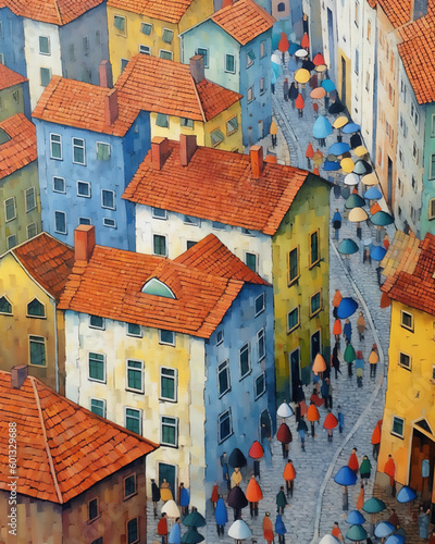 Painting of colorful houses and people walking past, in the style of repeating pattern, terraced cityscapes, slovenian paintings, close up, transportcore, medieval art, aerial view. Created using AI.