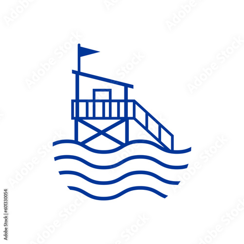 Logo vacaciones de verano. Torre salvavidas en la playa. Silueta de torre de socorrista lineal con olas de mar