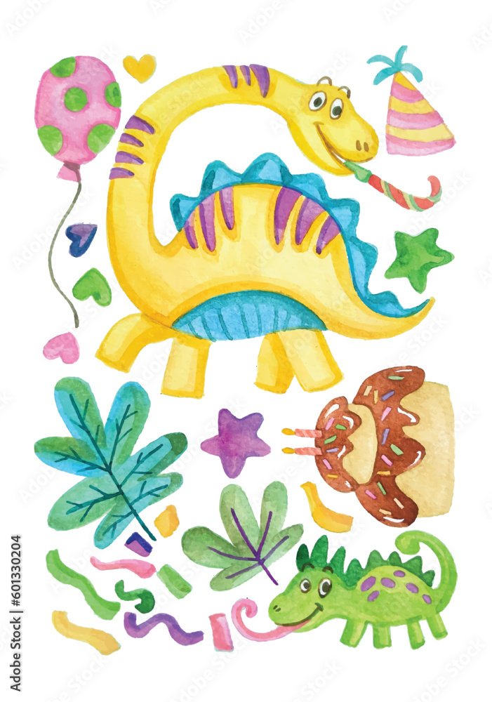 set elements of cute dino cartoon watercolor set elements of cute dino cartoon watercolor