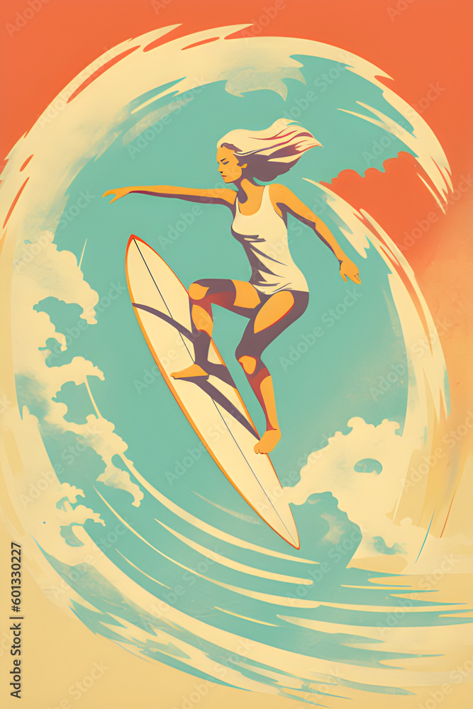 poster vintage mujer surfista