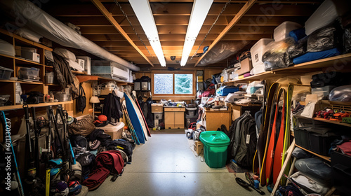 Interior garage sale, housewares, clothing, sporting goods and toys. generative ai