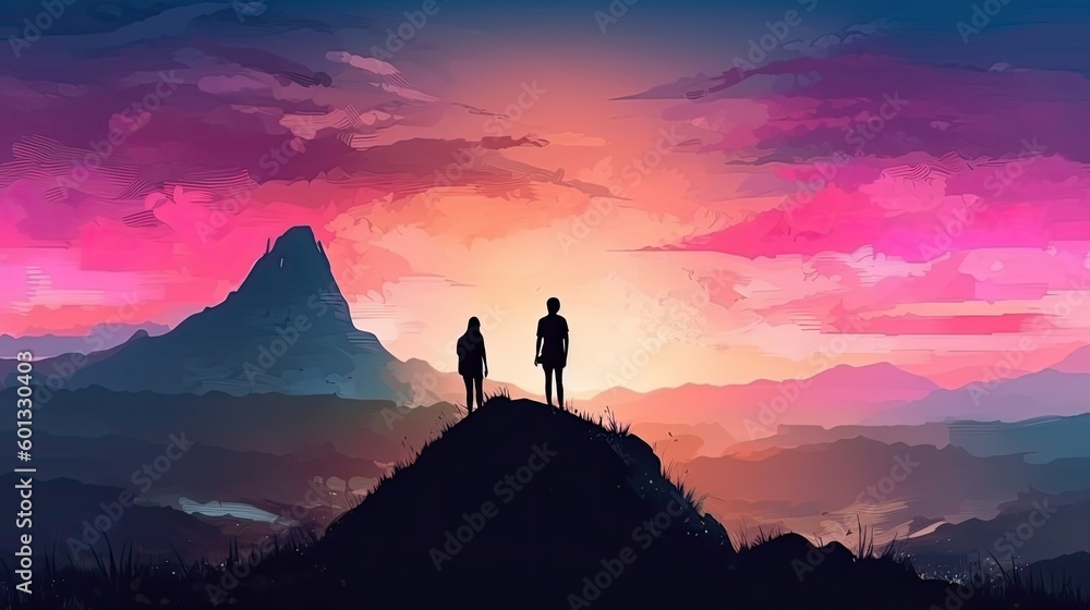 Silhouette of two hikers were standing at the top of the mountain looking at the twilight sky. Generative AI