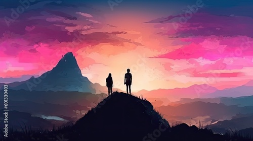 Silhouette of two hikers were standing at the top of the mountain looking at the twilight sky. Generative AI © tanyastock