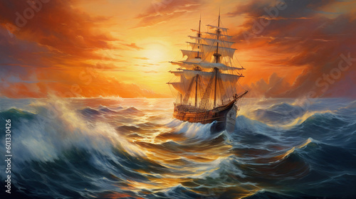 Ship in the sea oil painting. Fine art wallpaper. AI