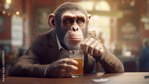 Businessman with monkey head drinking beer in a pub. Boss chimpanzee in a suit concept illustration. Generative AI