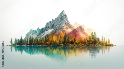 Beautiful mountains landscape. Double exposure illustration of mountains and trees. Generative AI