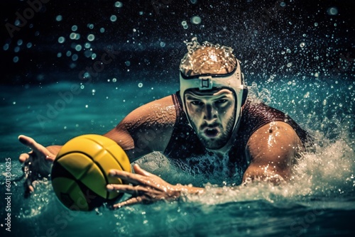 Water polo player in action in a swimming pool. Banner or Poster Advertising style material. Generative Ai. © ckybe