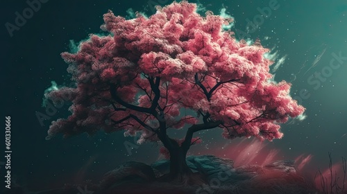 Realistic pink sakura cherry tree illustration. Beautiful blossom sakura flowers background. Generative AI