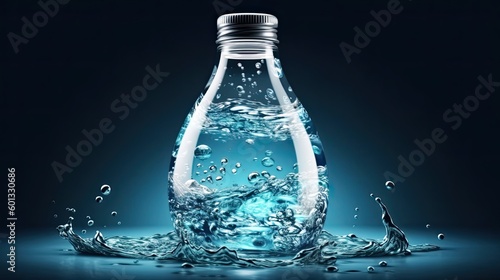 Transparent realistic mineral water glass bottle with water splash and drops. Generative AI