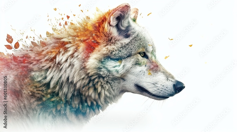Realistic portrait of a wolf head. Double exposure illustration of animal with leaves. Generative AI Realistic portrait of a wolf head. Double exposure illustration of animal with leaves. Generative AI