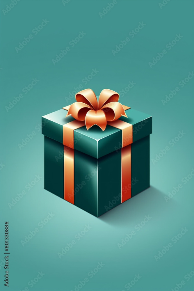 Fototapeta premium grünes Geschenk mit brozener Schleife auf türkisem Hintergrund. Hochformat. Hochkant. Generative Ai.