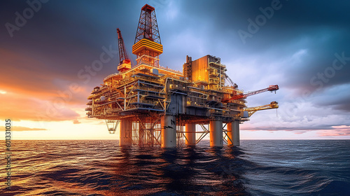 Offshore drilling rig on the sea. Oil platform for gas and petroleum or crude oil. Industrial. Generative Ai photo