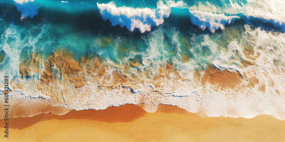 Ocean waves on sandy beach as a background. Aerial top down view of beach or sea with blue turqouise water 