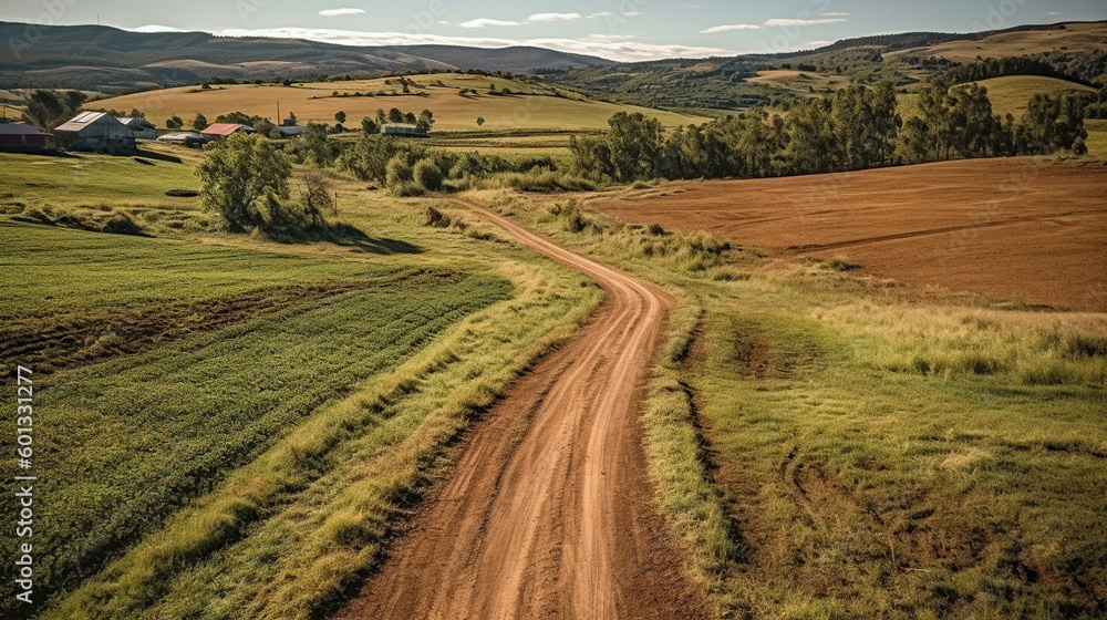 Aerial image of a dirt road near a farm. Generative Ai