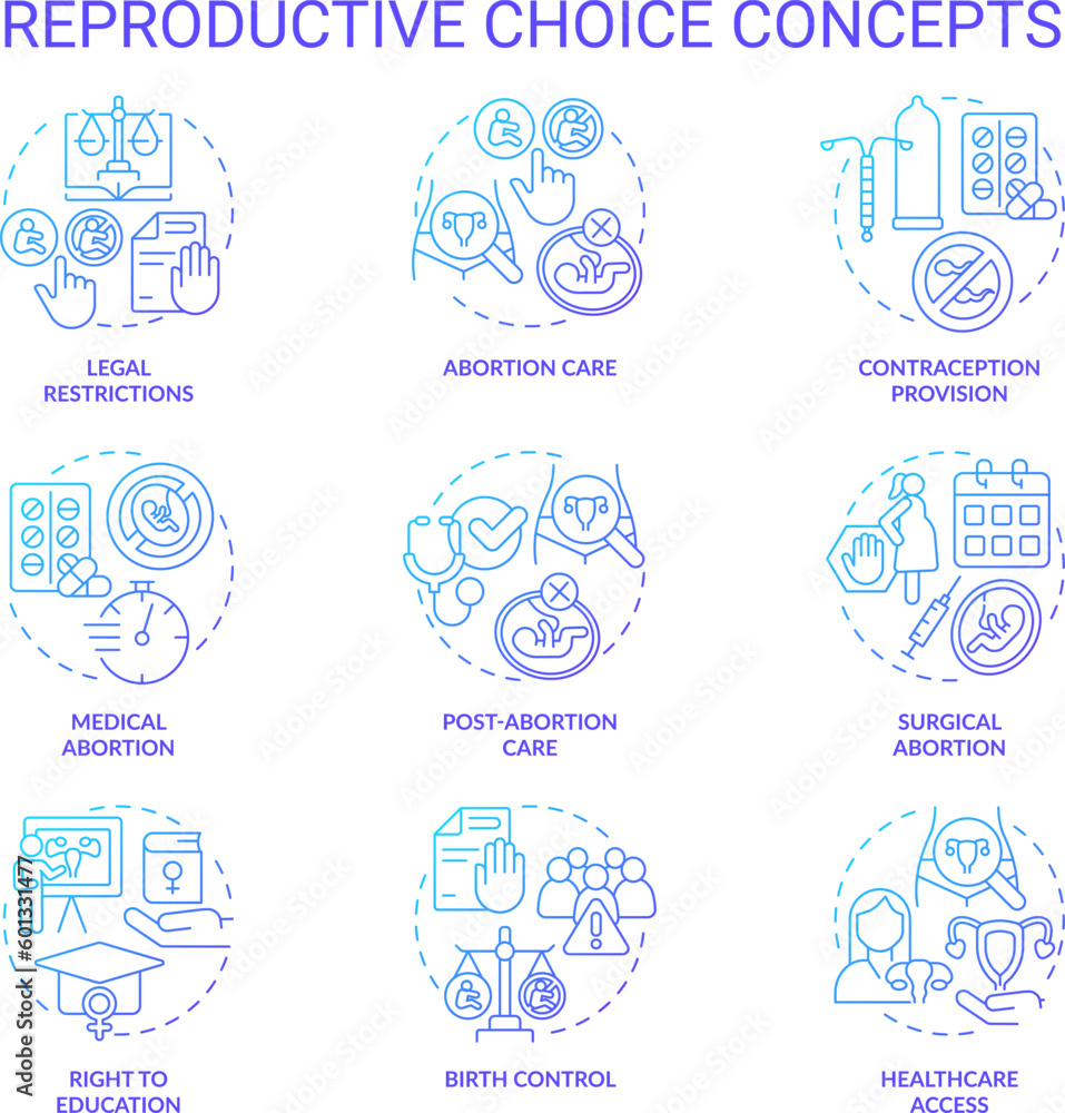 Reproductive choice blue gradient concept icons set. Female empowerment. Sexual health. Social justice. Birth control. My body. Womens right idea thin line color illustrations. Isolated symbols