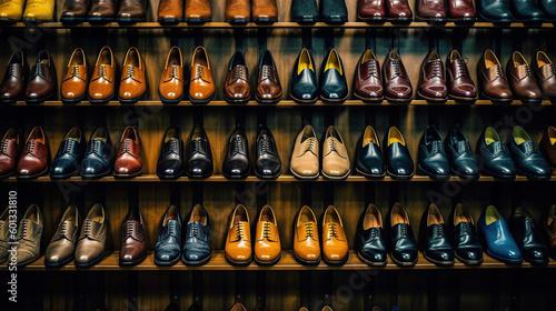 Assortment of shoes on the showcase of a shoe store. Generative Ai