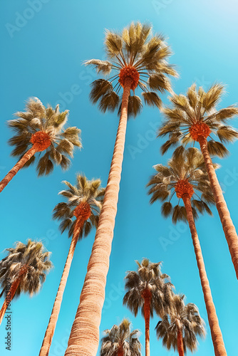 Palms and blue sky view from down. Background or Mock up 