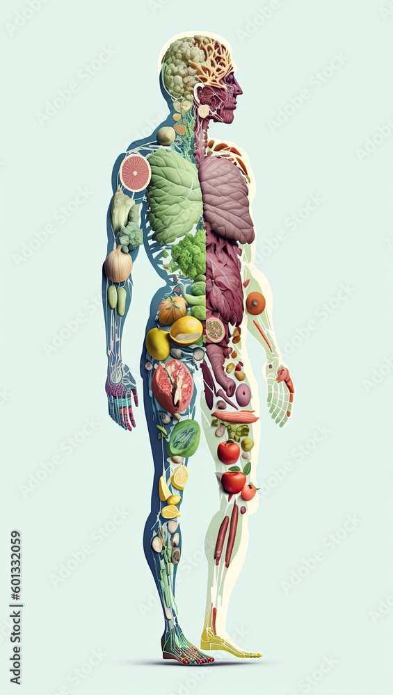 scheme of human body of vegetarian of fruits and vegetables. Concept of healthy nutrition and vegetarianism. Generative AI illustration scheme of human body of vegetarian of fruits and vegetables. Concept of healthy nutrition and vegetarianism. Generative AI illustration