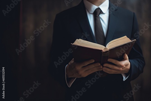 Businessman studying a book. Closeup of a male in a suit reading for work. Generative AI illustrations.