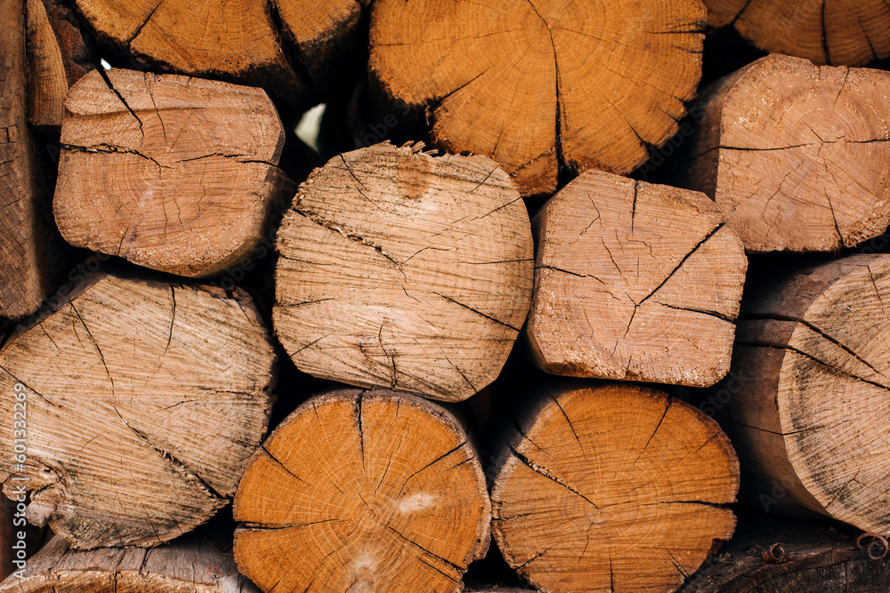 Fototapeta premium Natural wooden textured background. Large old logs with scuffs and cracks are stacked. Front view