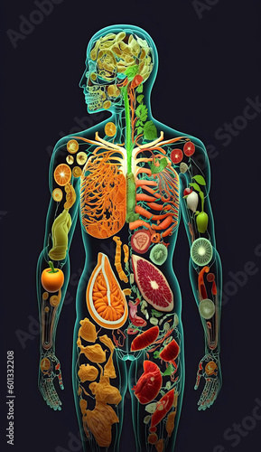 scheme of human body of vegetarian of fruits and vegetables on black background. Concept of healthy nutrition and vegetarianism. Generative AI illustration