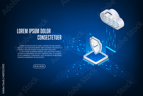 Vector isometric security cpu microchip digital and technology concept.