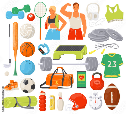 Sport equipment big set of isolated fitness and gaming items
