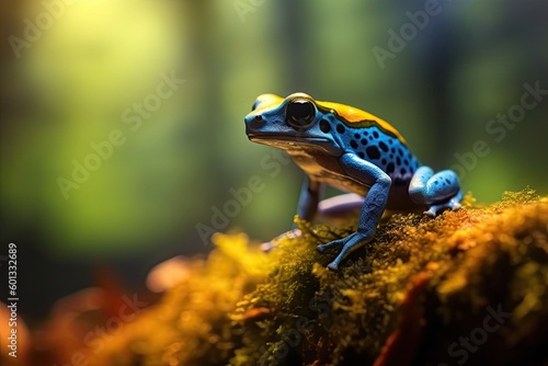 blue poison dart frog sitting on moss during golden hour, ai art, digital photography photo