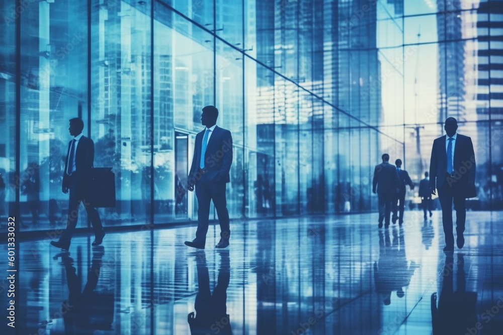 Business people walking next to an office building, with a blue theme color palette. The artwork captures the professional and dynamic environment of the corporate world. Ai generated