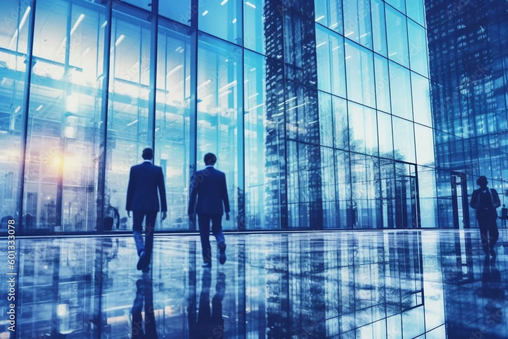 Business people walking next to an office building, with a blue theme color palette. The artwork captures the professional and dynamic environment of the corporate world. Ai generated Business people walking next to an office building, with a blue theme color palette. The artwork captures the professional and dynamic environment of the corporate world. Ai generated
