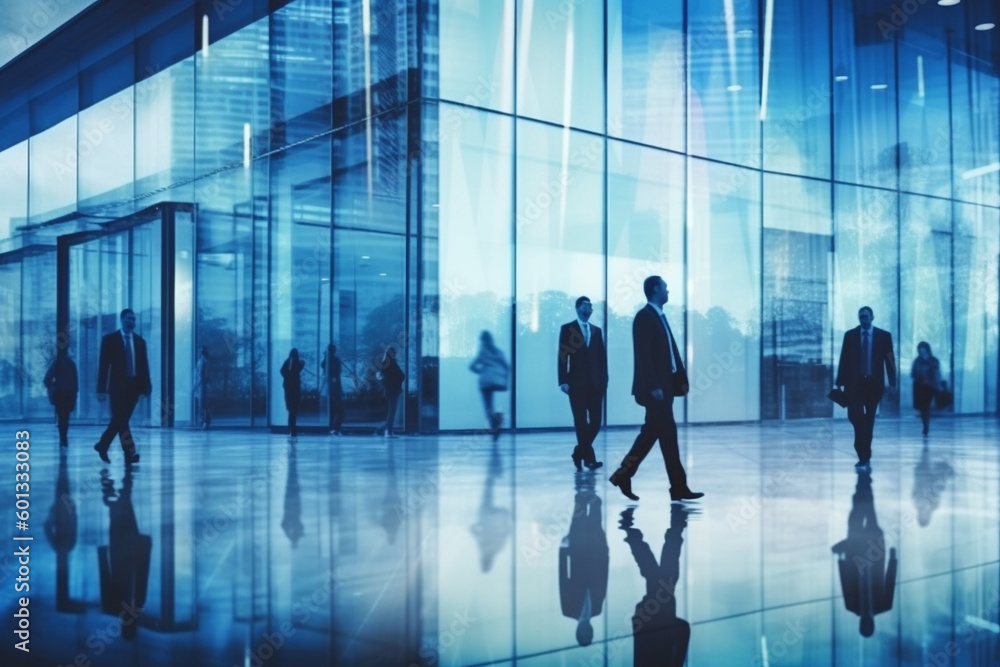 Business people walking next to an office building, with a blue theme color palette. The artwork captures the professional and dynamic environment of the corporate world. Ai generated Business people walking next to an office building, with a blue theme color palette. The artwork captures the professional and dynamic environment of the corporate world. Ai generated