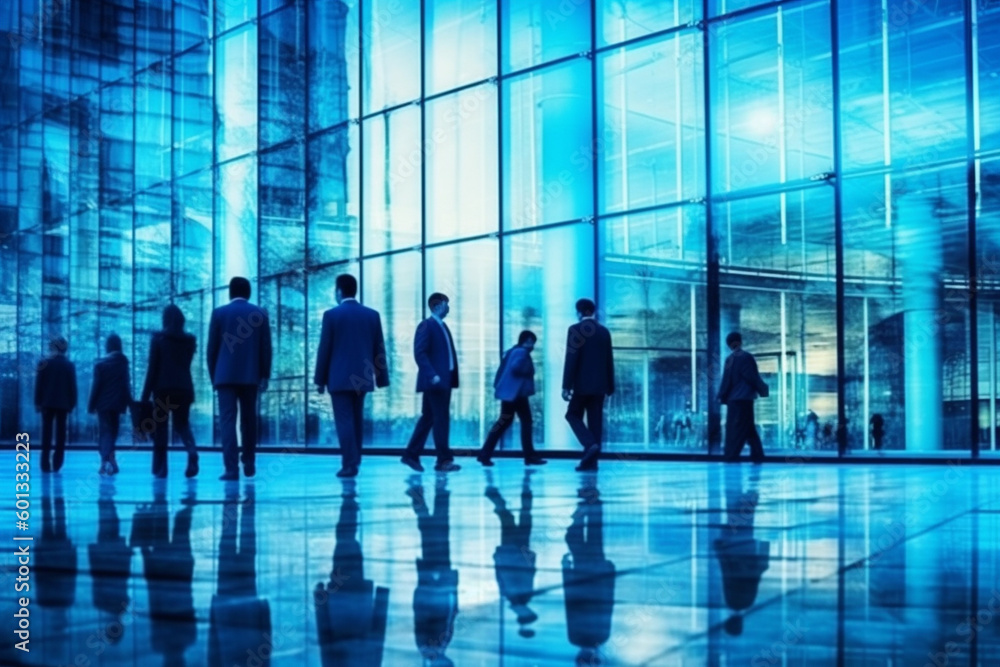 Business people walking next to an office building, with a blue theme color palette. The artwork captures the professional and dynamic environment of the corporate world. Ai generated Business people walking next to an office building, with a blue theme color palette. The artwork captures the professional and dynamic environment of the corporate world. Ai generated