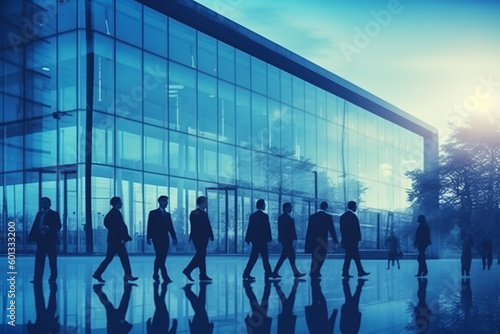 Business people walking next to an office building  with a blue theme color palette. The artwork captures the professional and dynamic environment of the corporate world. Ai generated