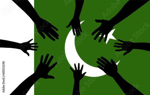 Group of Pakistan people gathering hands vector silhouette, unity or support idea
