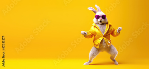 Cute rabbit with sunglasses dancing isolated on yellow background. Generative AI