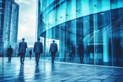 Business people walking next to an office building, with a blue theme color palette. The artwork captures the professional and dynamic environment of the corporate world. Ai generated