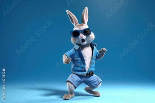 Cute rabbit with sunglasses dancing isolated on blue background. Generative AI © CYBERUSS